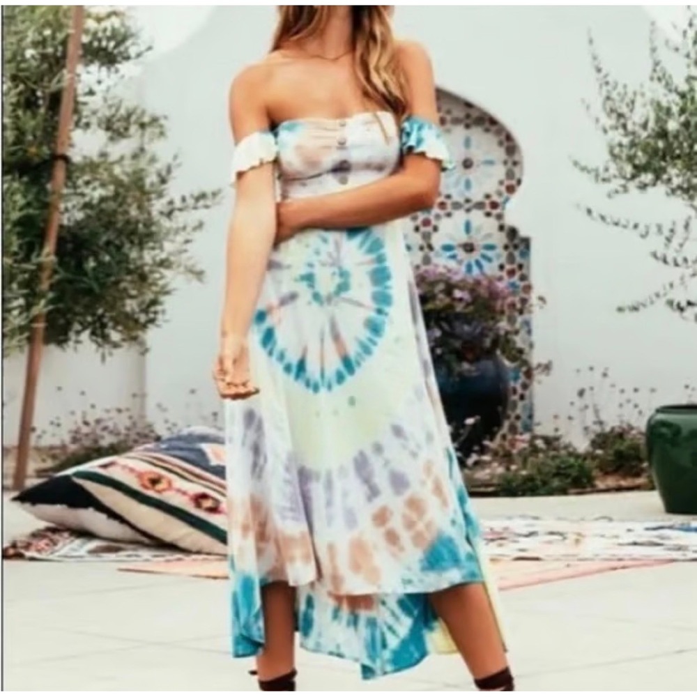 NWT Chaser Tie Dye Ruffle Off-Shoulder Button Front Midi Dress Womens Size Small